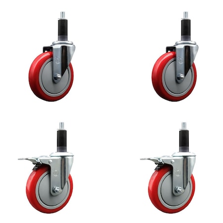 Service Caster 5'' SS Red Poly Swivel 1-1/8'' Expanding Stem Caster Set 2 Total Lock Brakes, 4PK SCC-SSEXTTL20S514-PPUB-RED-2-S-2-118